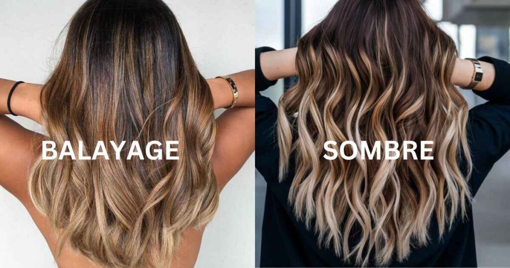 Image depicting two hair types labeled "sombre" and "balayage," illustrating the difference between sombre and balayage techniques.
