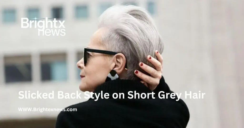 A woman with grey hair styled slicked back, wearing sunglasses, exuding confidence and elegance in her look.