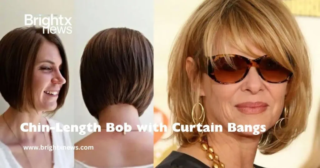 Two images of a woman showcasing a Chin-Length Bob with Curtain Bangs hairstyle, highlighting its stylish versatility.