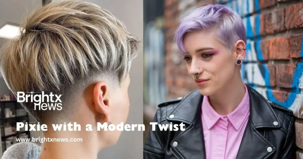 A woman with purple hair and a pink jacket embodies the essence of a Pixie with a Modern Twist.