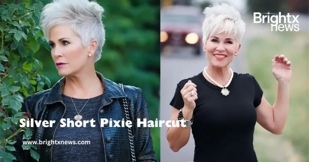  A stylish silver short pixie haircut, showcasing a modern and chic look with sleek, textured layers.