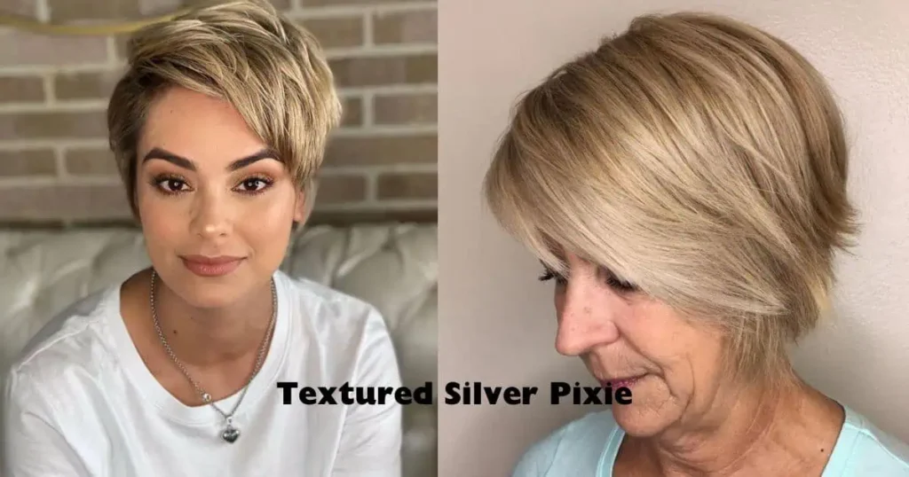 A woman with short blonde hair showcases her transformation with a Textured Silver Pixie hairstyle, highlighting the before and after.