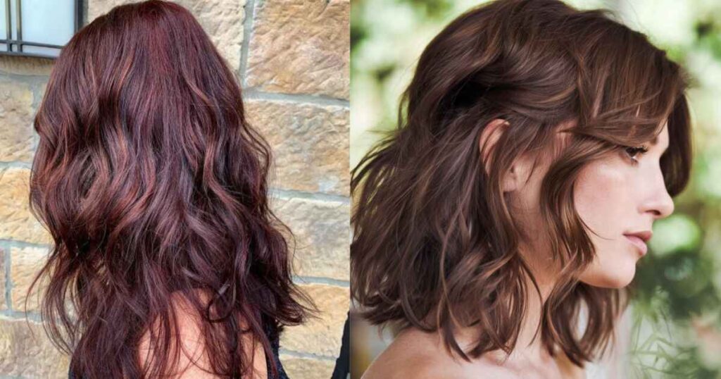 Two images of a woman showcasing her mahogany-brown-hair-color, highlighting the richness and depth of her long hair.