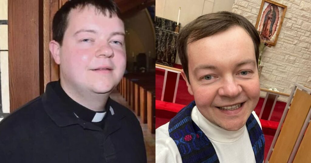 Two men in black shirts and one in a priest vest symbolize the journey to becoming a priest through shared experiences.